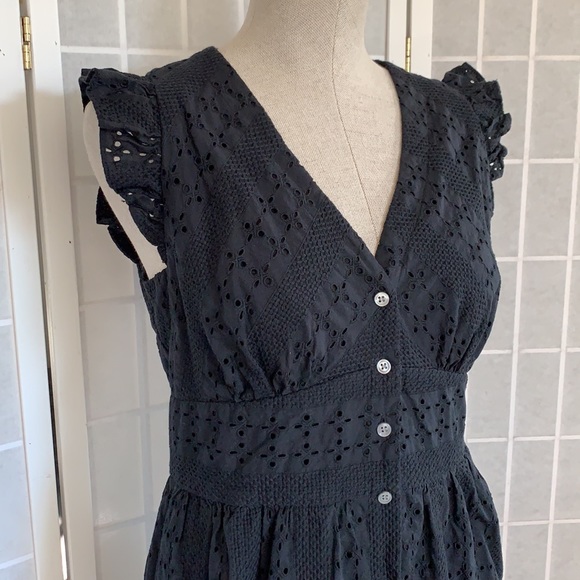 J Crew Black Cotton Eyelet Button Midi Dress Sz 10 - Picture 1 of 15